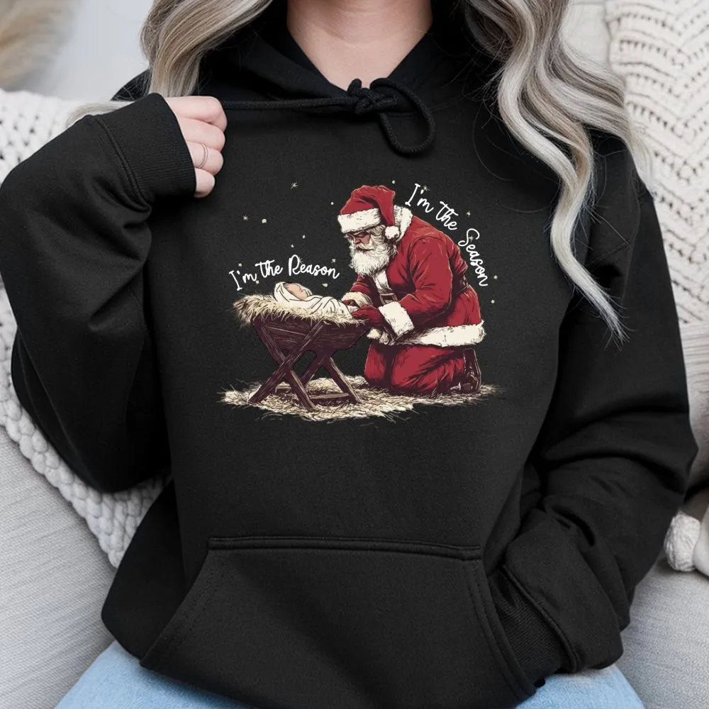 Santa Kneeling Nativity Sweatshirt, Jesus Is the Reason Christmas Hoodie, Christian Holiday Graphic Pullover, Faith Religious