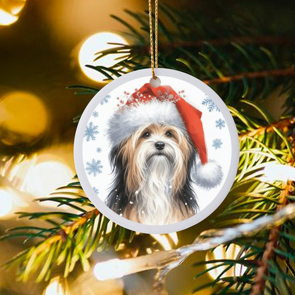 Santa Hat Winter Snowflakes Ornament, Havanese Dog Christmas Ornament, Holiday Ceramic Ornament, Pet Lover Tree Decor, Dog Mo