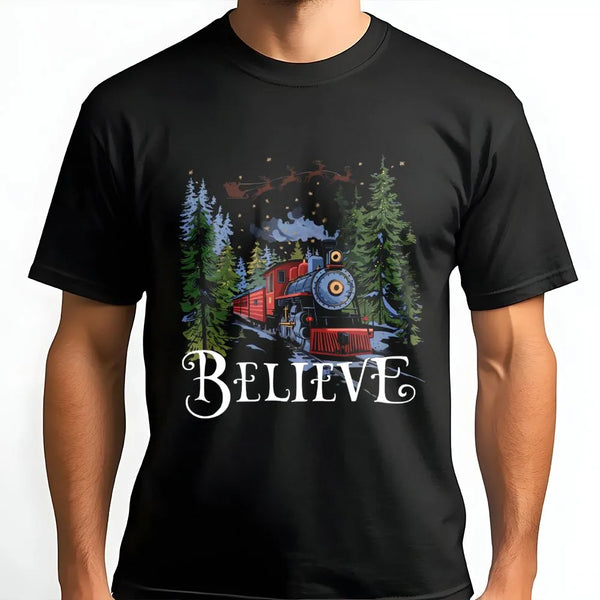 Retro Winter Holiday T-Shirt, Believe Christmas Train Shirt, Vintage Magic Forest Graphic Tee, Festive Xmas Express Train Lov