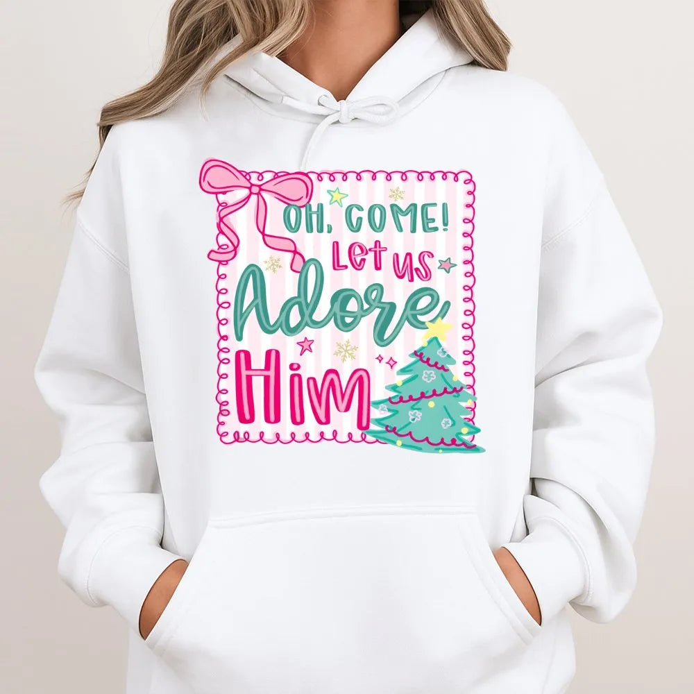 Pink Coquette Christmas Hoodie, Oh Come Let Us Adore Him Hoodie, Retro Christian Holiday Sweatshirt, Adorable Religious Faith