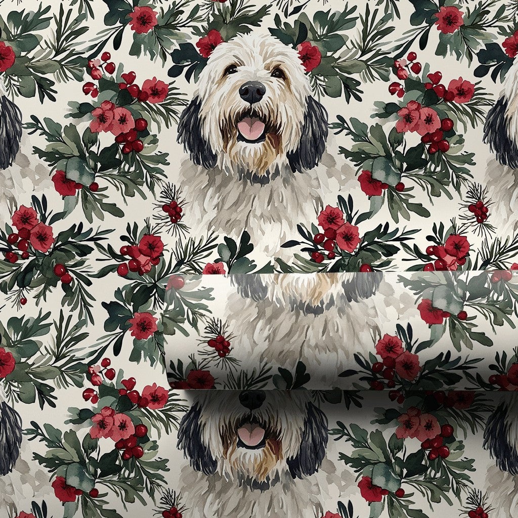 Christmas Dog Gift Wrap, Old English Sheepdog Wrapping Paper, Holiday Floral Wrapping Paper, Dog Lover Present Wrap, Winter G