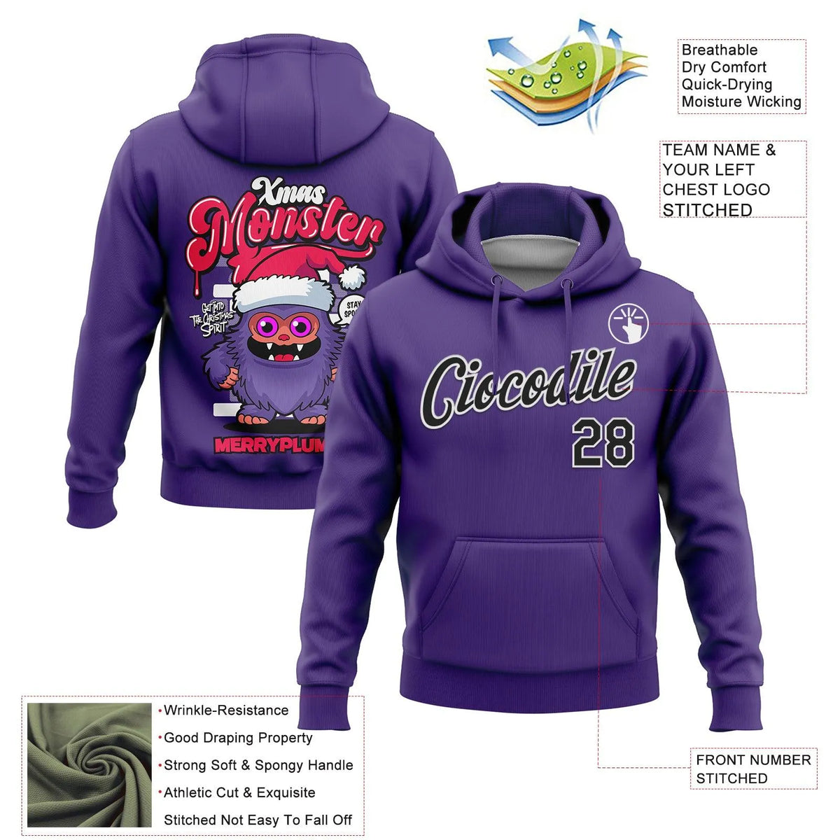 Personalized Holiday Monster Pullover Hoodie, Custom Christmas Monster Hoodie, Stitched Name and Number Sweatshirt, Sports Fa