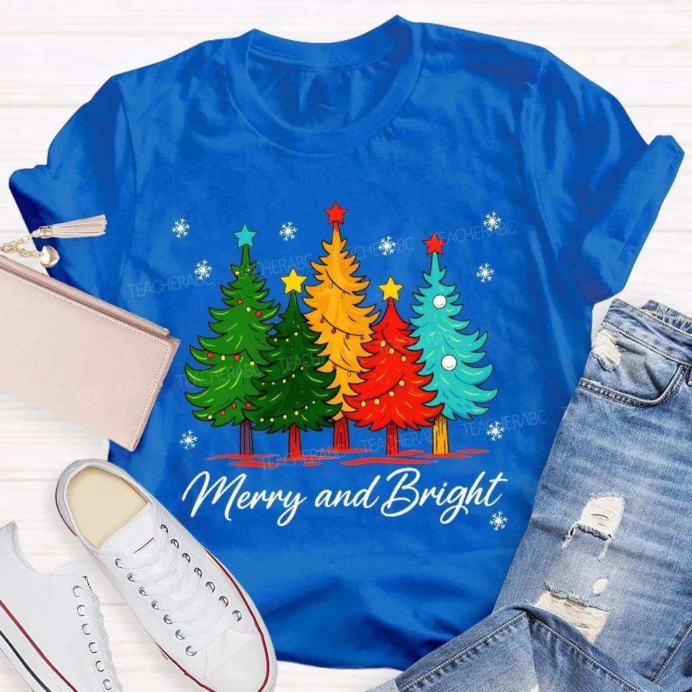 Colorful Holiday Graphic Tee, Merry and Bright Christmas Tree T-Shirt, Festive Xmas Tree Shirt, Retro Christmas Tee, Holiday 