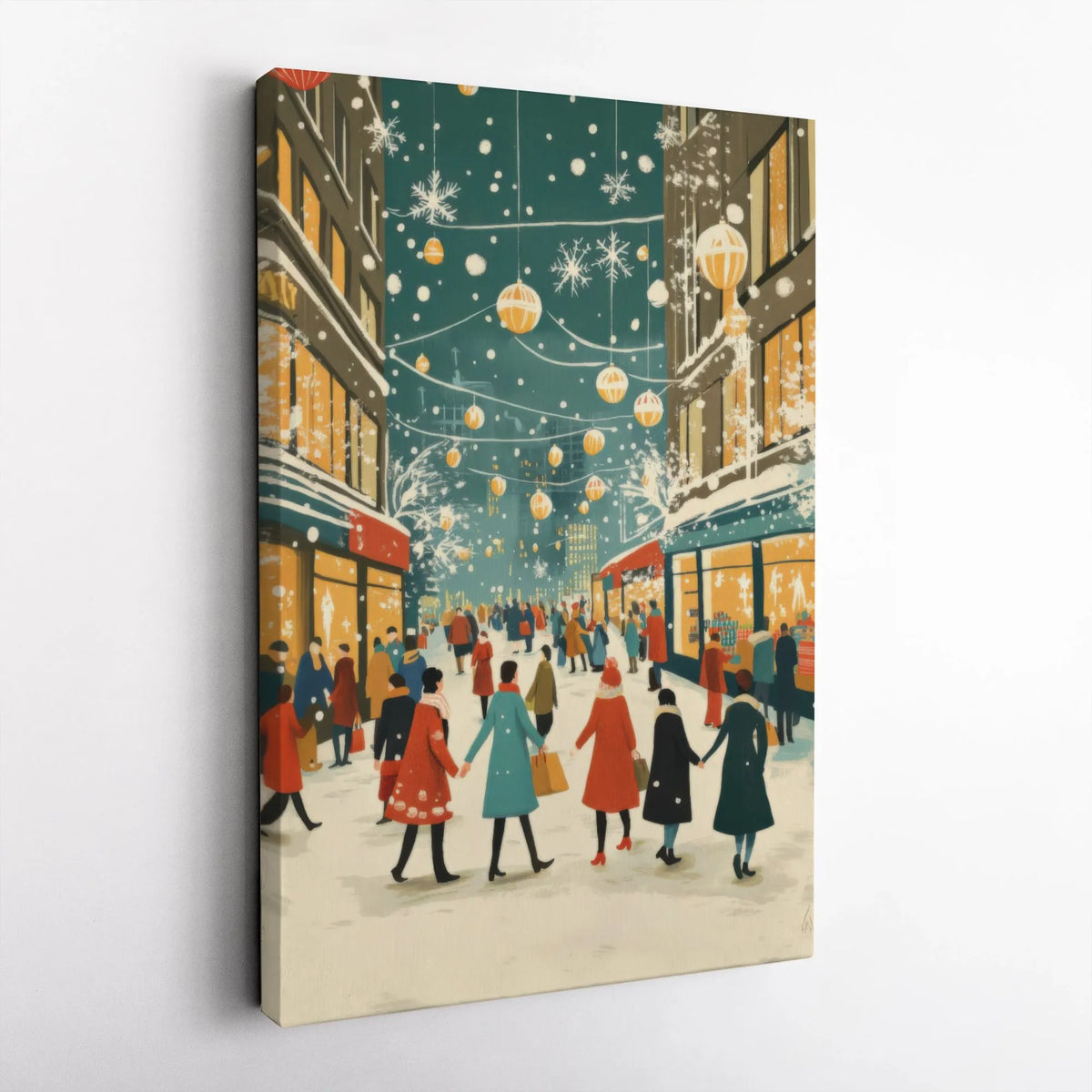 Winter City Street Canvas, Christmas Shopping Canvas Print, Snowy Holiday Street Wall Art, Festive Town Canvas, Holiday Home 