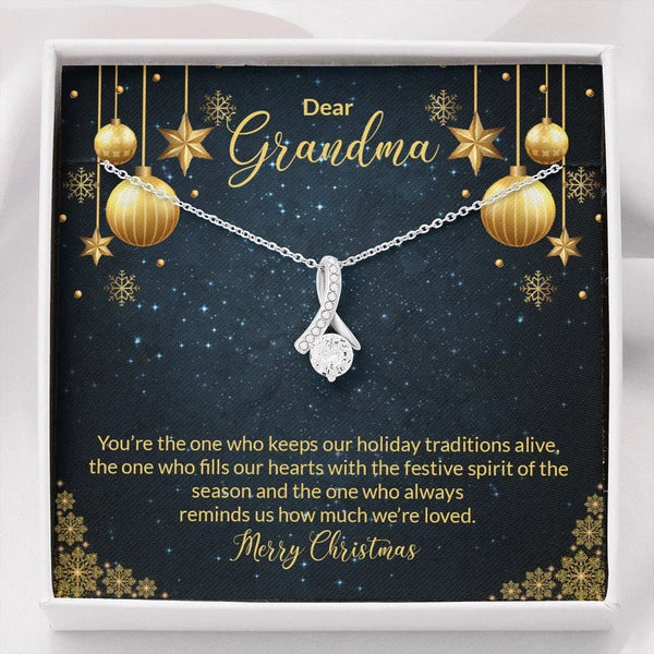 Ribbon Pendant Necklace with Cubic Zirconia, Grandma Christmas Necklace, 14k White Gold Over Stainless Steel, Holiday Present