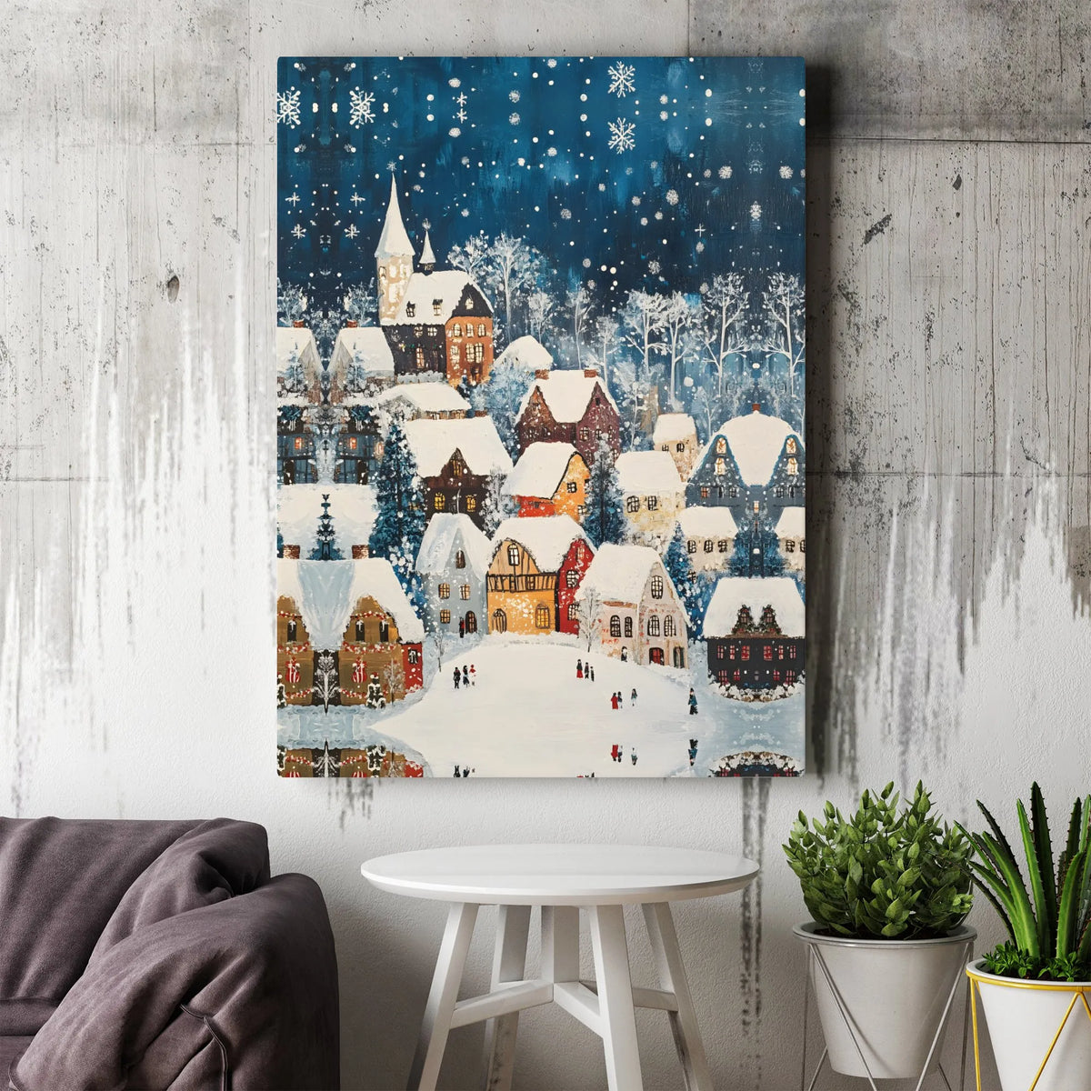 Snowy Winter Night Town Scene Canvas Print, Christmas Village Canvas Wall Art, Festive Holiday Canvas Decor, Comfy Winter Tow