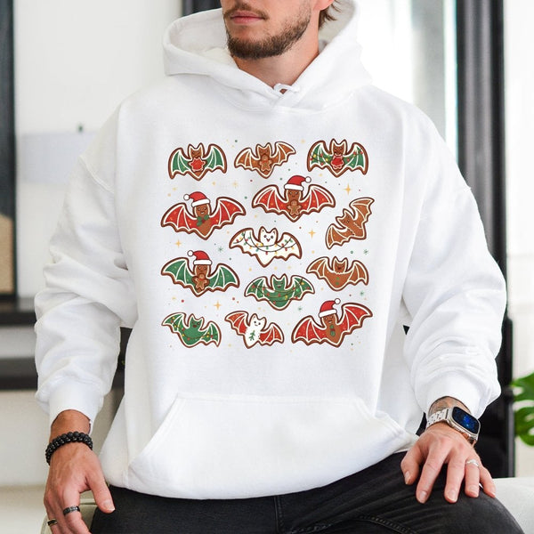 Spooky Gothic Christmas Graphic Sweatshirt, Gingerbread Bat Hoodie, Creepmas Alt Holiday Pullover, Dark Aesthetic Xmas Hooded
