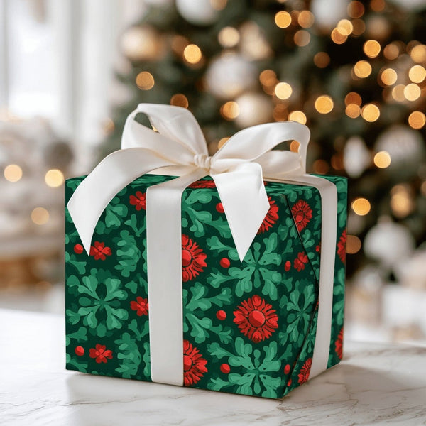 Folk Art Christmas Gift Wrap, Red Poinsettia Wrapping Paper, Vintage Floral Holiday Wrapping Paper, Botanical Xmas Gift Wrapp