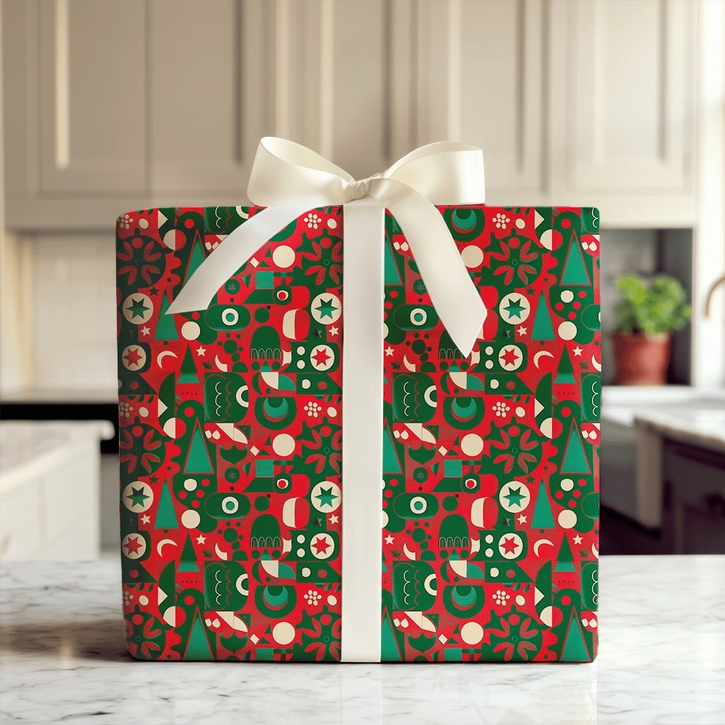 Modern Folk Art Gift Wrap, Geometric Christmas Wrapping Paper, Abstract Tree and Star Wrapping Paper, Red Scandinavian Xmas G