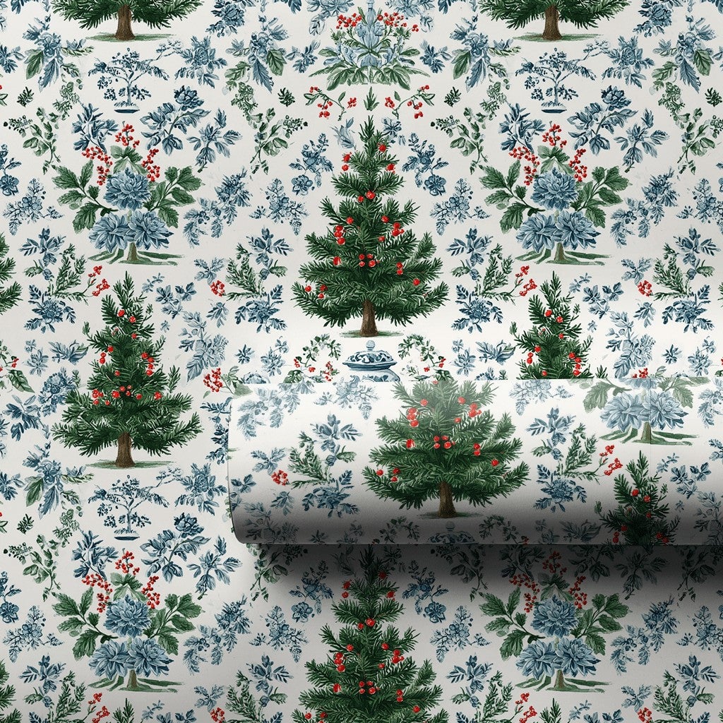 Blue and White Ginger Jar Holiday Gift Wrap, Chinoiserie Christmas Wrapping Paper, Floral Toile Christmas Wrap, Elegant Holid
