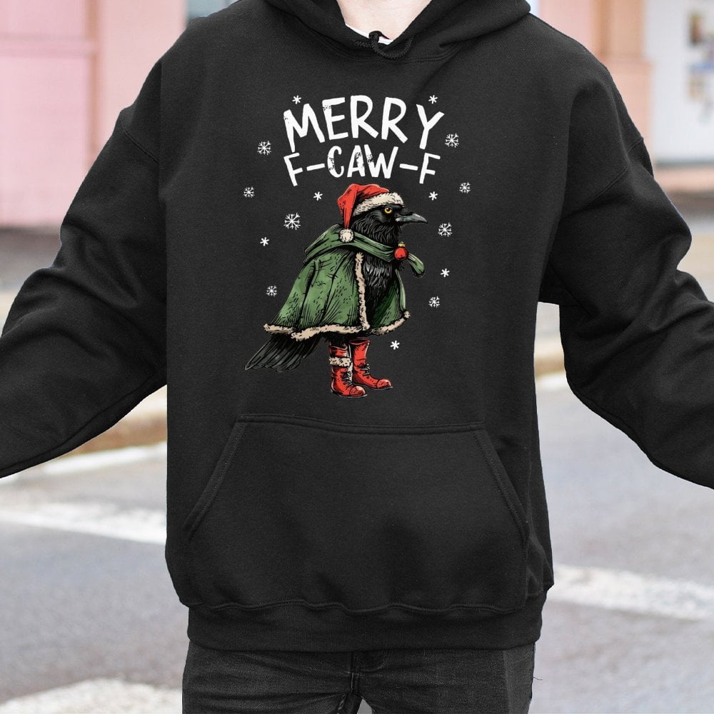 Humorous Crow Santa Sweatshirt, Merry F-Caw-F Christmas Hoodie, Bird Lover Xmas Pullover Hoodie, Holiday Graphic Hooded Sweat