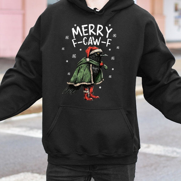 Humorous Crow Santa Sweatshirt, Merry F-Caw-F Christmas Hoodie, Bird Lover Xmas Pullover Hoodie, Holiday Graphic Hooded Sweat