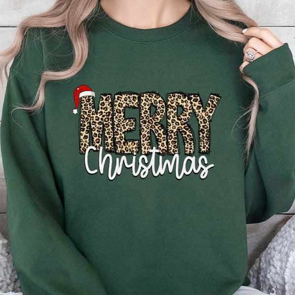 Holiday Pattern Crewneck, Merry Christmas Leopard Print Sweatshirt, Buffalo Plaid Animal Print Sweater, Festive Xmas Pullover