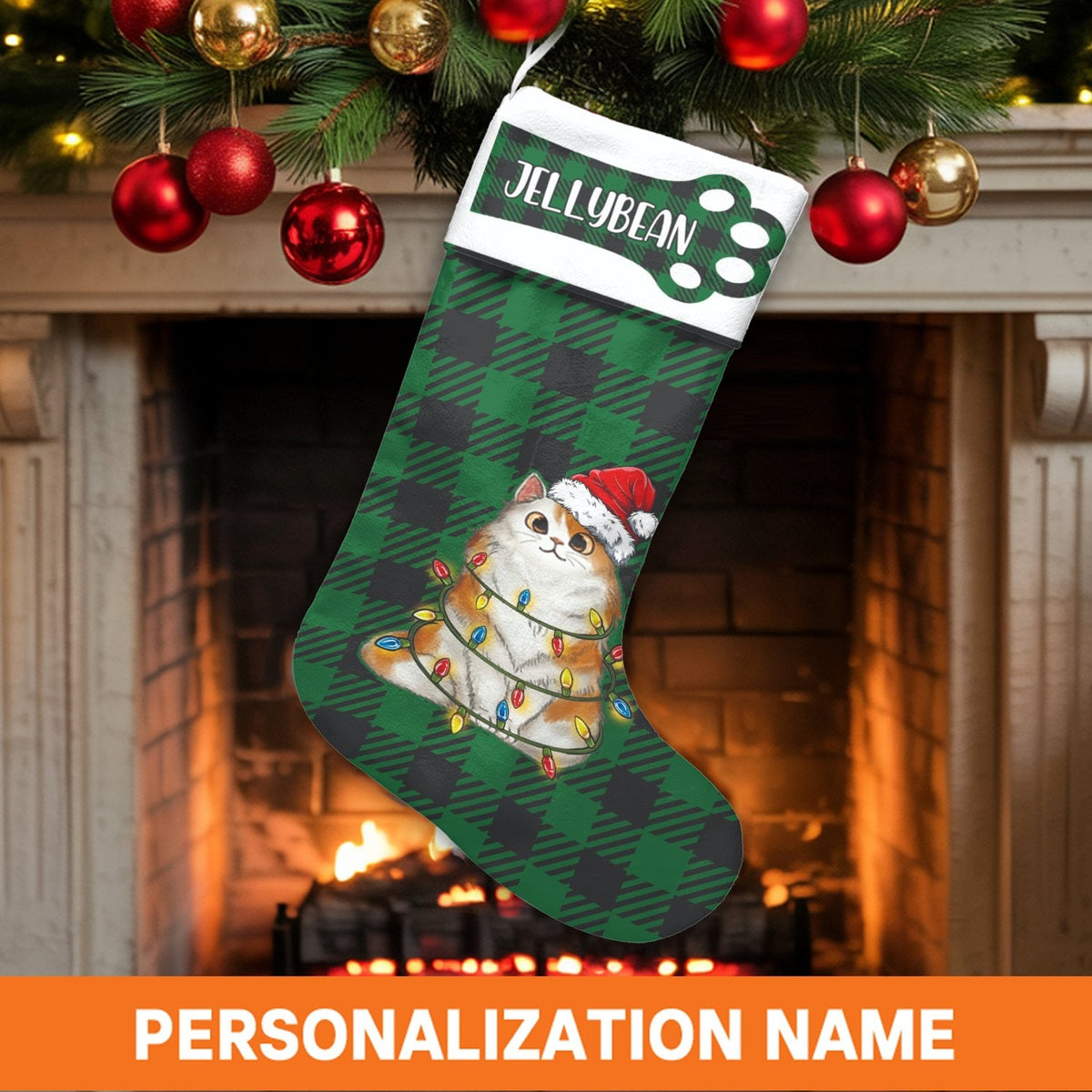 Custom Buffalo Plaid Kitty Stocking, Personalized Cat Christmas Stocking, Adorable Pet Holiday Stocking, Cat Lover Christmas 
