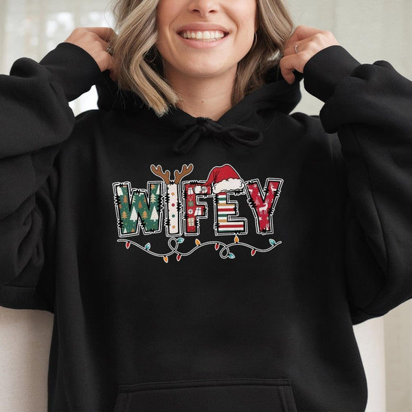 Festive Holiday Lights Graphic Hoodie, Wifey Christmas Hoodie, Newlywed Wife Xmas Hooded Sweatshirt, Comfy Winter Pullover Ho
