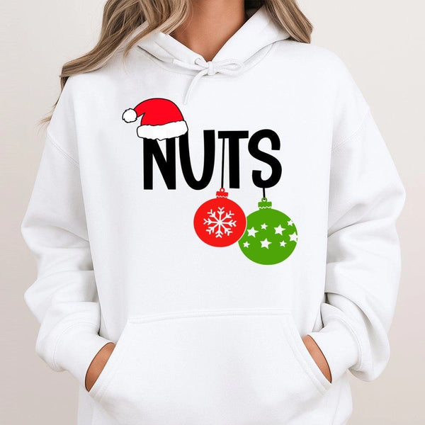 Humorous Holiday Ornament Graphic Sweatshirt, Nuts Christmas Hoodie, Couple Xmas Hooded Pullover, Festive Winter Apparel Pres