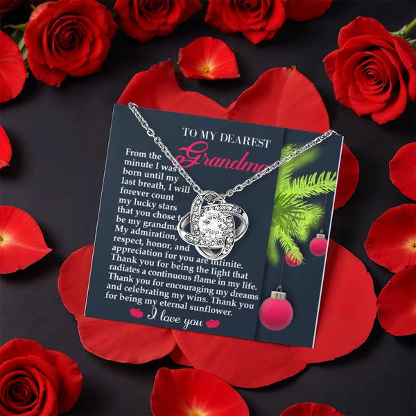 Grandmother Knot Pendant Necklace, Grandma Love Knot Necklace, Rose Gift Box Jewelry, CZ Crystal Necklace, Christmas Holiday 