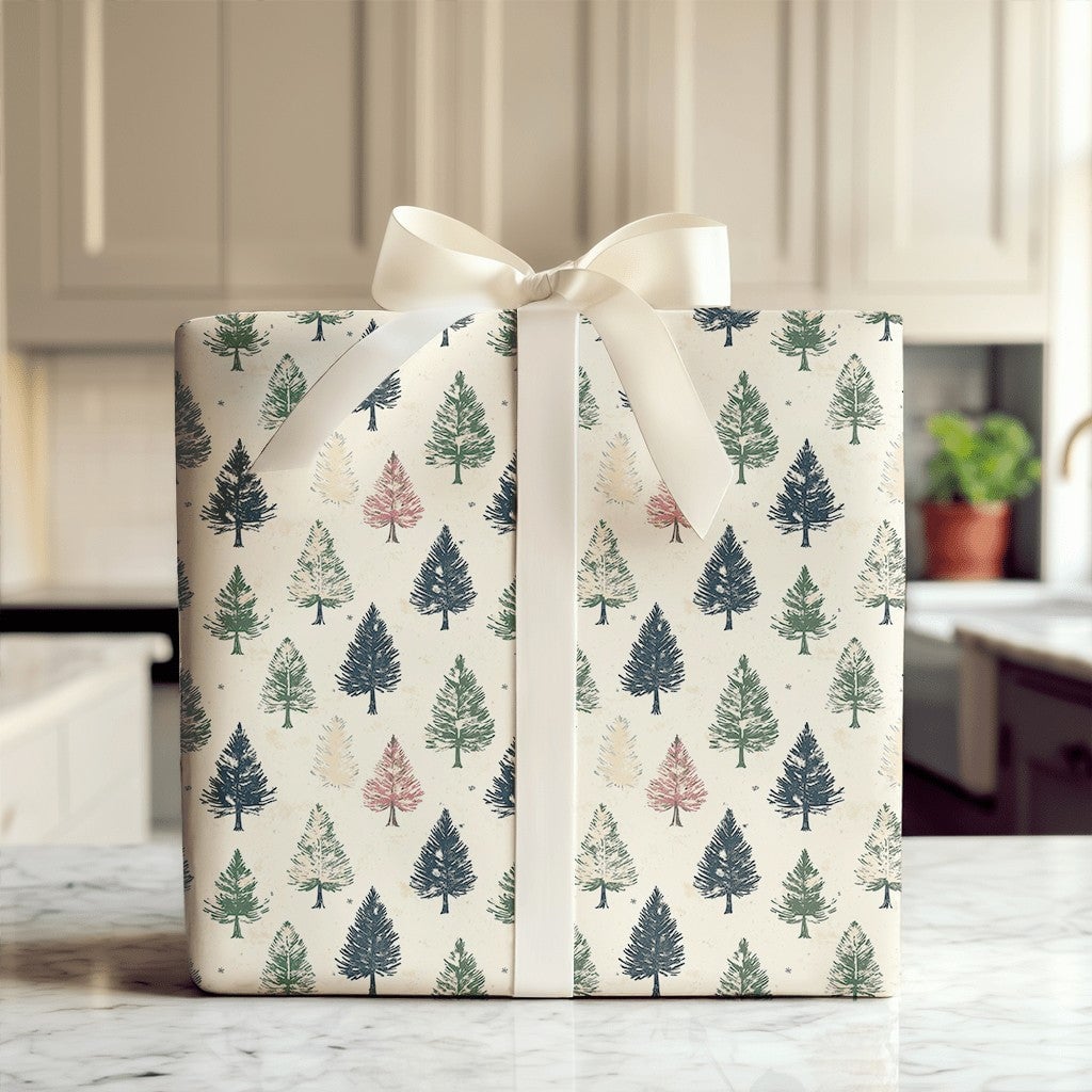 Vintage Christmas Wrapping Paper, Rustic Pine Tree Wrapping Paper, Forest Tree Holiday Gift Wrap, Winter Botanical Wrapping P