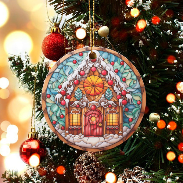 Holiday Gingerbread Ceramic Ornament, Stained Glass Gingerbread House Christmas Ornament, Winter Tree Ornament, Comfy Xmas De
