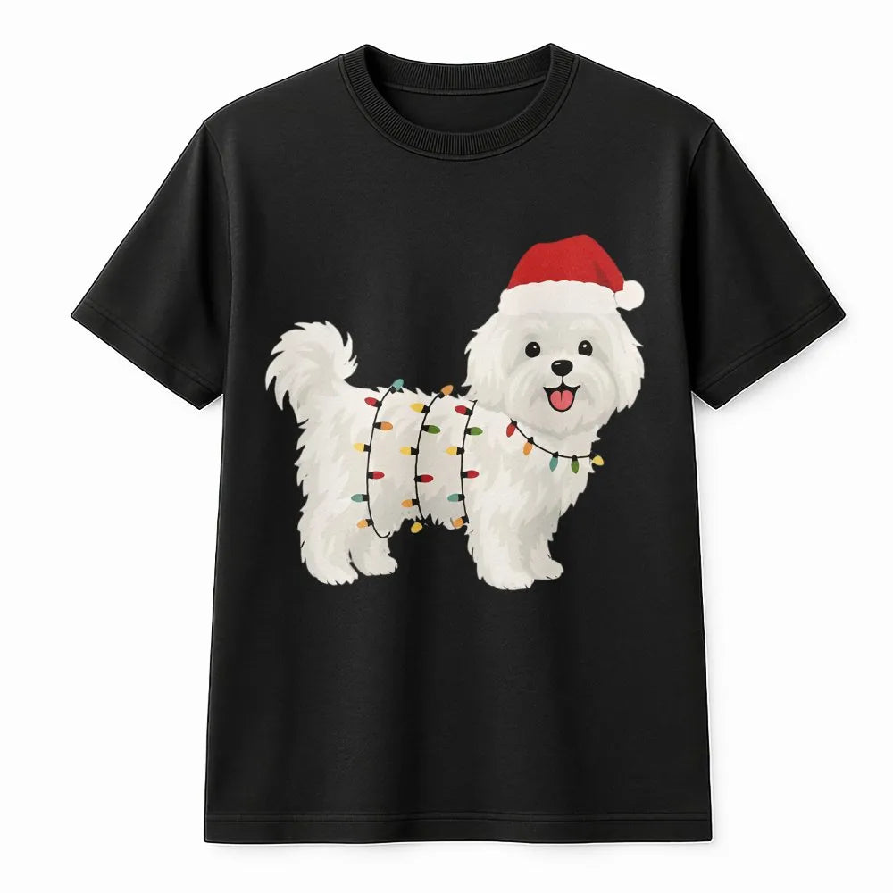 Santa Hat and Xmas Lights Graphic Tee, Maltese Dog Christmas T-Shirt, Adorable Puppy Holiday Pet Lover Shirt, Festive Dog Own