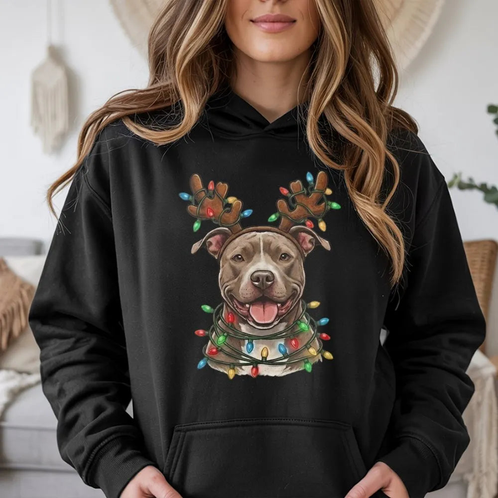 Reindeer Antler Dog Hoodie, Pitbull Christmas Hoodie, Pitbull Holiday Lights Sweatshirt, Festive Dog Mom Pullover, Dog Lover 