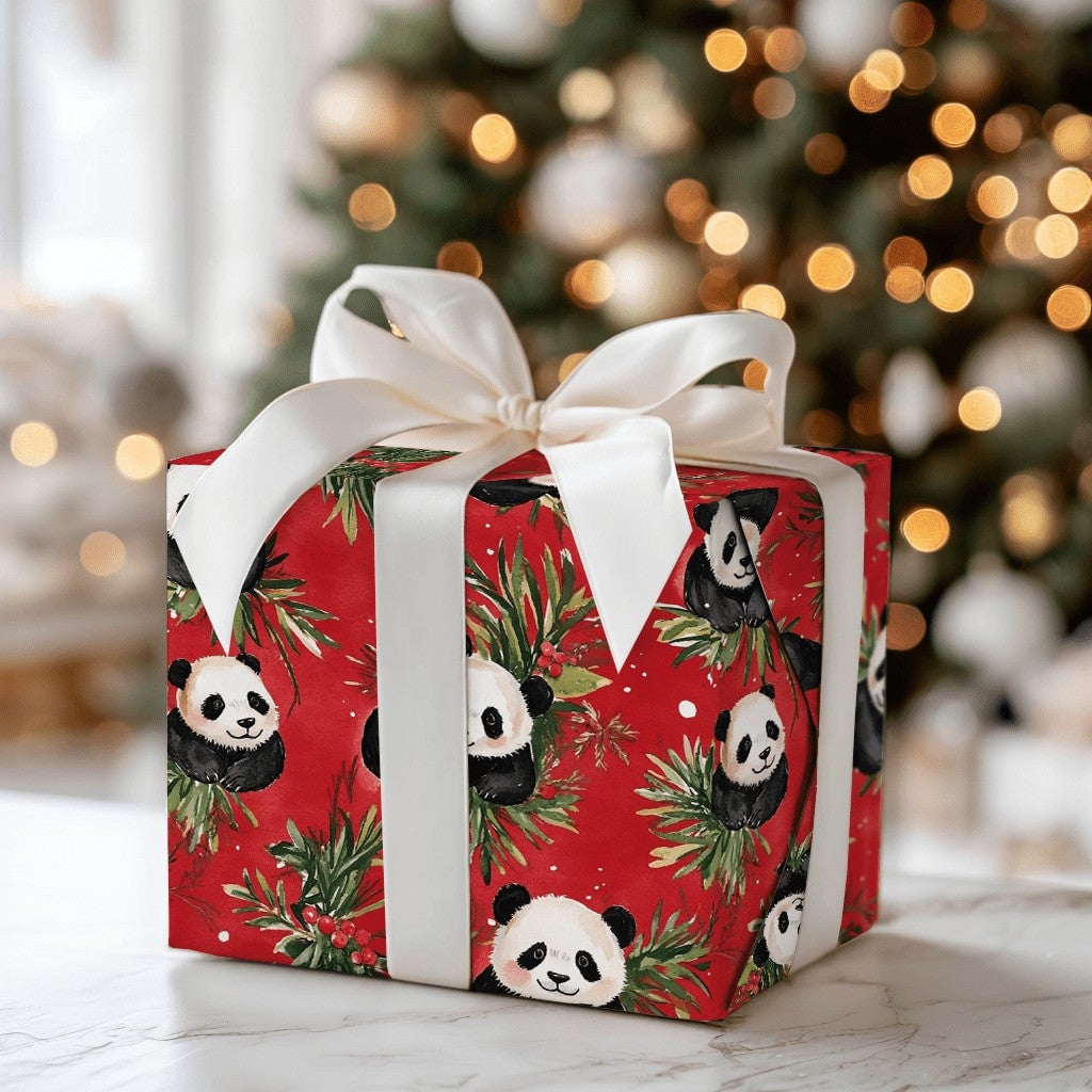 Holly and Berry Gift Wrap, Christmas Panda Bear Wrapping Paper, Red Holiday Wrapping Paper, Adorable Animal Lover Festive Gif