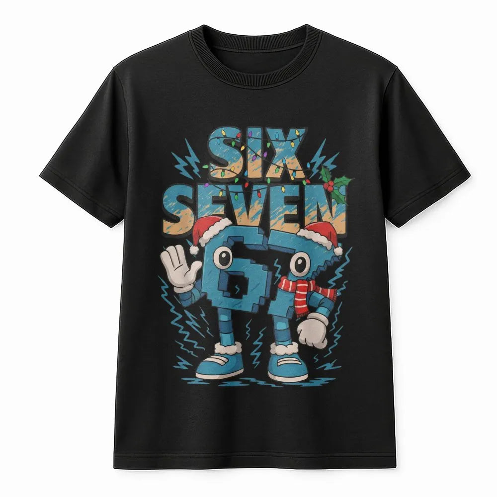 Humorous Gaming Character Holiday T-Shirt, Number 67 Christmas T-Shirt, Retro Gamer Meme Graphic T-Shirt, Xmas Video Game Tee