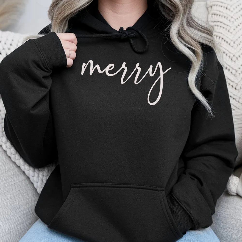 Minimalist Script Holiday Sweatshirt, Merry Christmas Hoodie, Comfy Xmas Winter Pullover Hoodie, Aesthetic Christmas Season H
