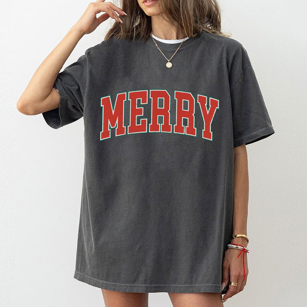 Retro Merry Christmas T-Shirt, Varsity Merry Christmas Shirt, Vintage Holiday Graphic Tee, Festive Christmas Crewneck Tee, Xm