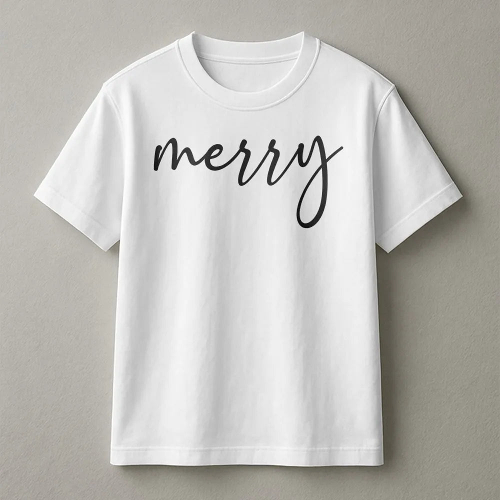Cursive Script Holiday Typography Tee, Minimalist Merry Christmas T-Shirt, Adorable Simple Christmas Shirt, Winter Festive Ou