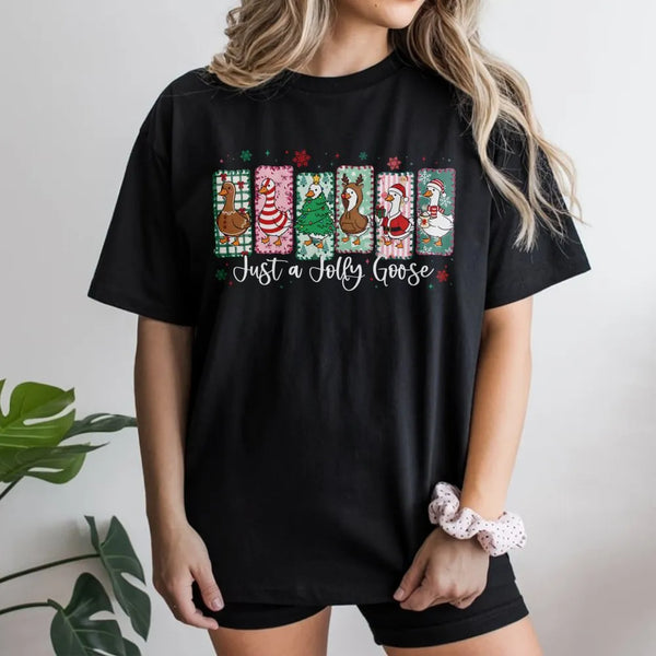 Humorous Goose Holiday T-Shirt, Jolly Goose Christmas Shirt, Adorable Festive Bird Graphic Tee, Winter Christmas Goose Tee, A