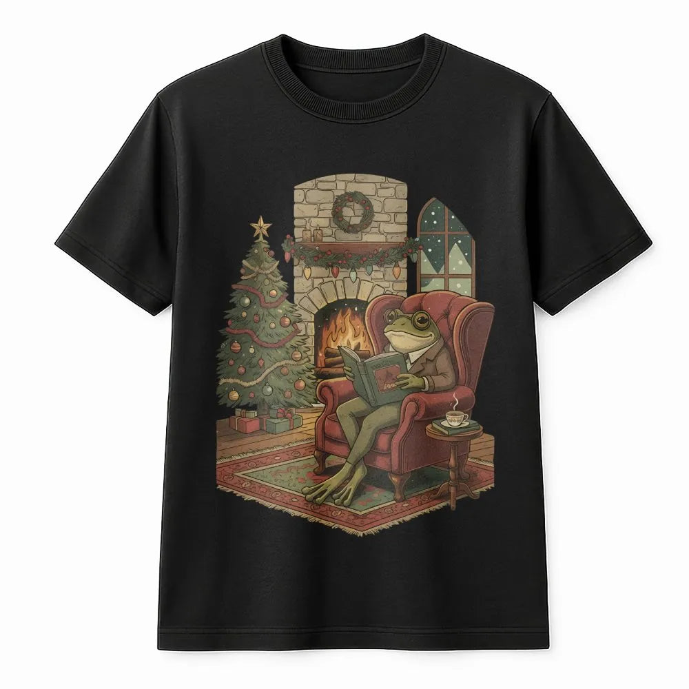 Adorable Toad Bookworm Shirt, Comfy Christmas Frog Reading Book T-Shirt, Book Lover Holiday Graphic Tee, Reader Christmas Gra
