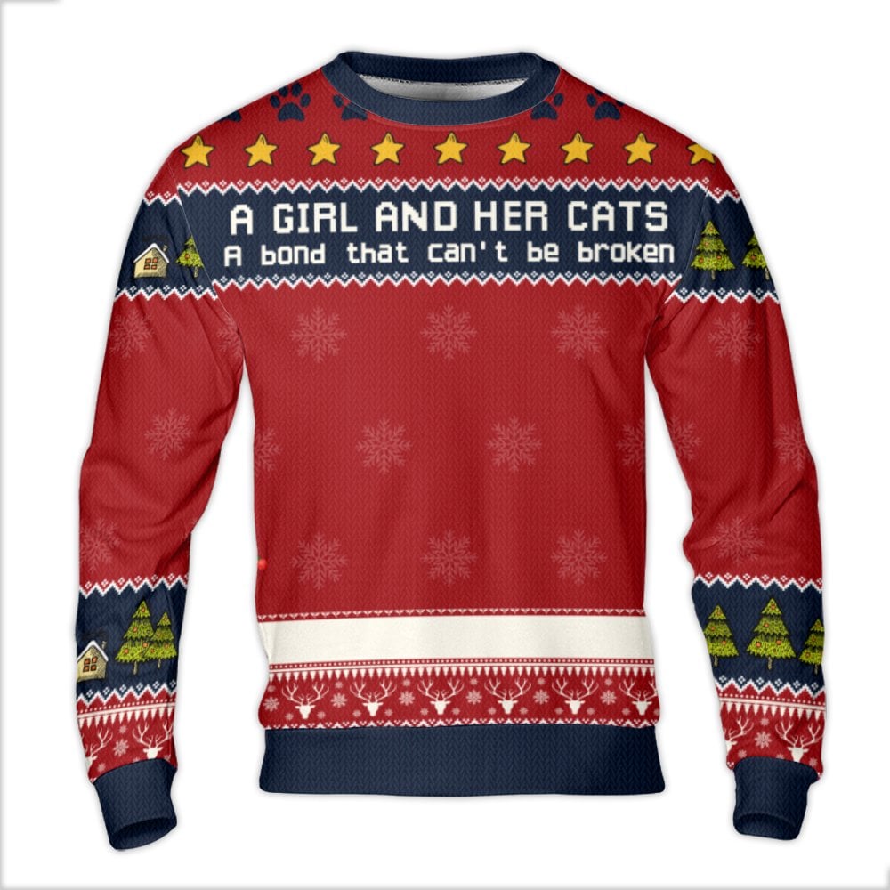 Cat Mom Christmas Sweater, A Girl and Her Cats Ugly Sweater, Knit Style Cat Lover Holiday Sweatshirt, Xmas Pet Pullover, Wint