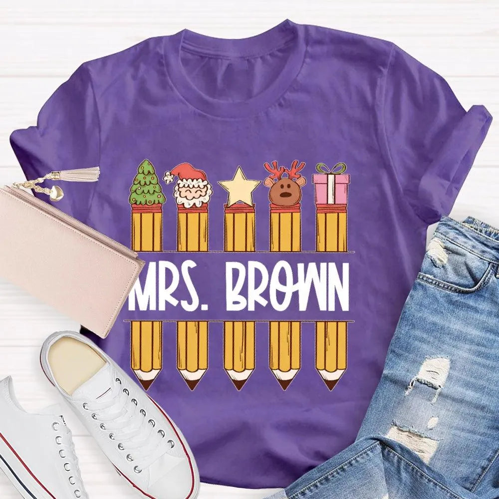 Custom Name Holiday Graphic Tee, Personalized Christmas Pencil Shirt, Adorable Teacher Christmas T-Shirt, Back to School Xmas
