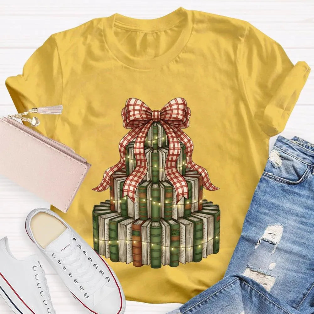 Bookworm Holiday Graphic Tee, Books Bows Lights Christmas Tree Shirt, Comfy Bookish Christmas T-Shirt, Reader Teacher Xmas Pr