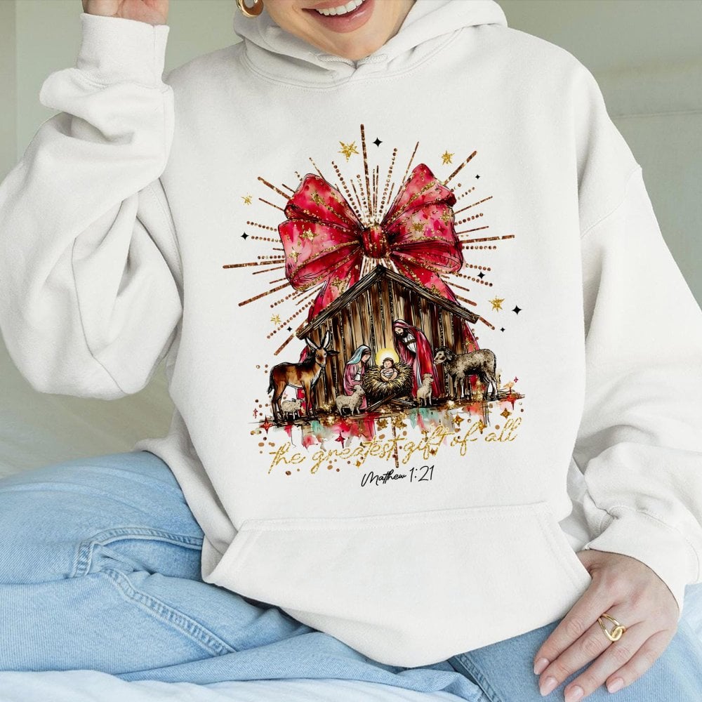 Christian Christmas Scene Pullover, The Greatest Present of All Nativity Hoodie, Jesus Birth Scripture Hooded Sweatshirt, Rel