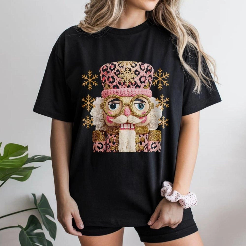 Preppy Crochet Holiday T-Shirt, Pink Leopard Nutcracker Christmas Shirt, Retro Nutcracker Tee, Adorable Holiday Graphic Shirt