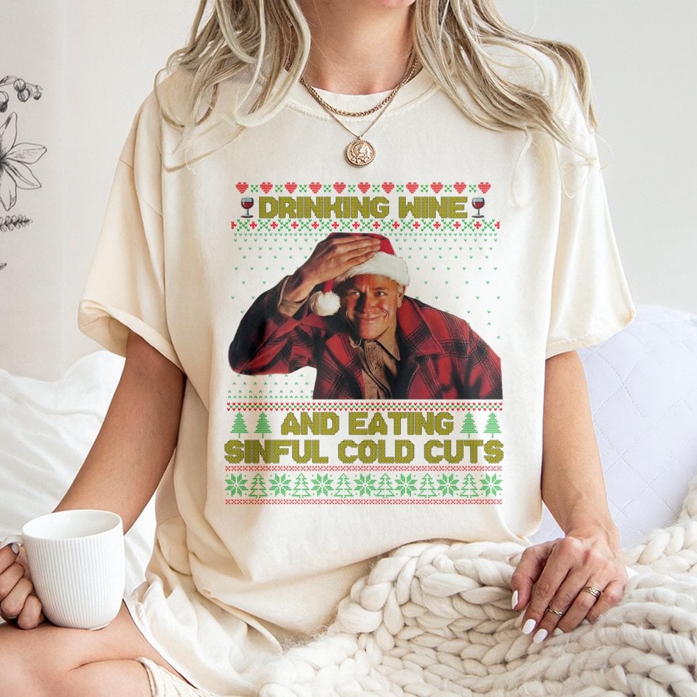 Humorous True Crime Christmas T-Shirt, Drinking Wine Eating Sinful Cold Cuts T-Shirt, Retro Horror Fan Holiday T-Shirt, Xmas 