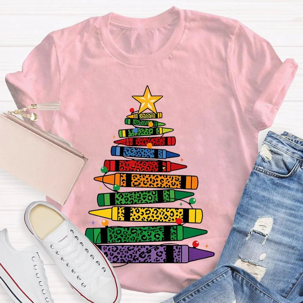 Art Teacher T-Shirt, Colored Pencils Leopard Christmas Tree Shirt, Holiday Graphic Tee, Festive Art Teacher Shirt, Christmas 