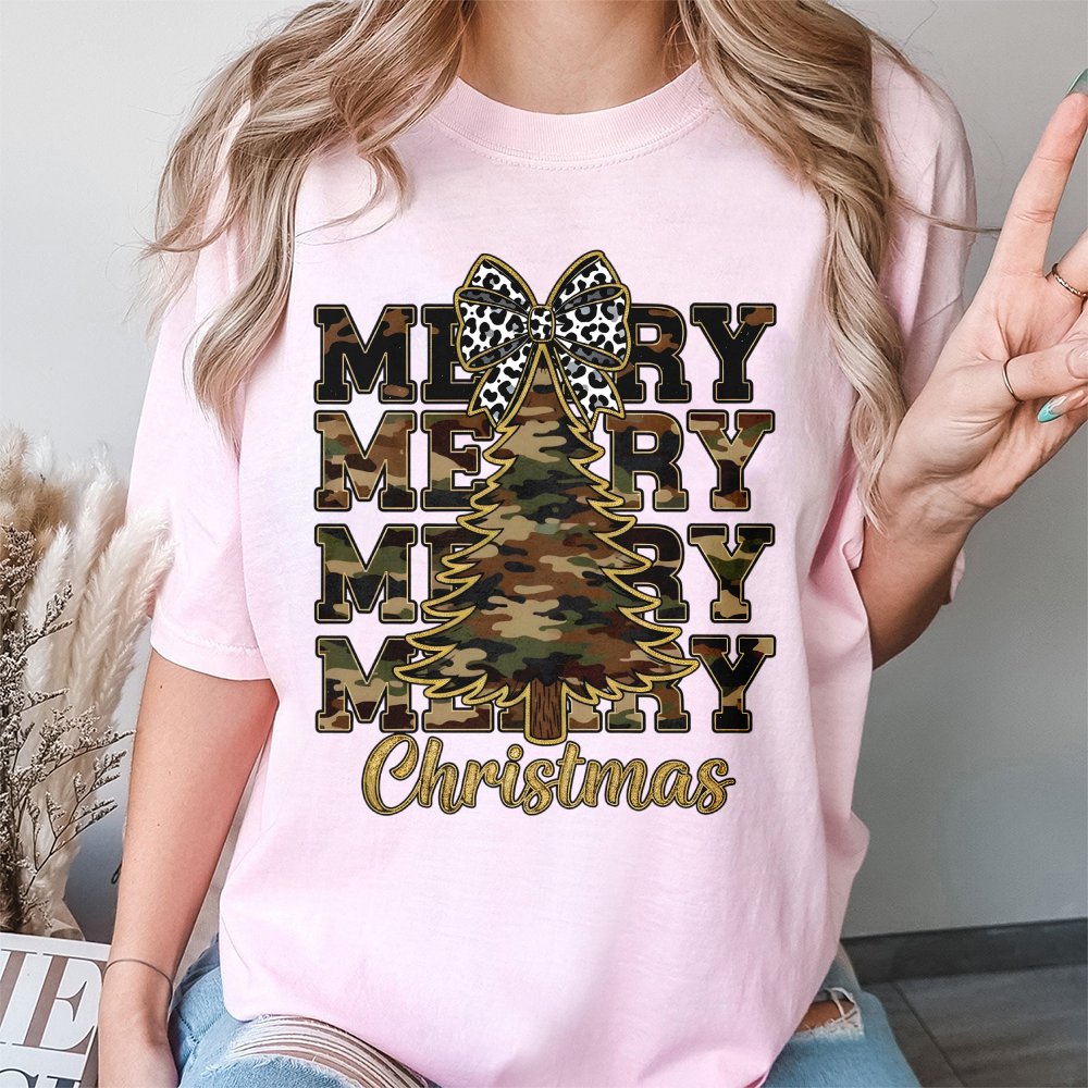 Leopard Bow Holiday Tree Graphic Shirt, Camo Merry Christmas T-Shirt, Rustic Western Xmas Tee, Southern Winter Holiday Shirt 