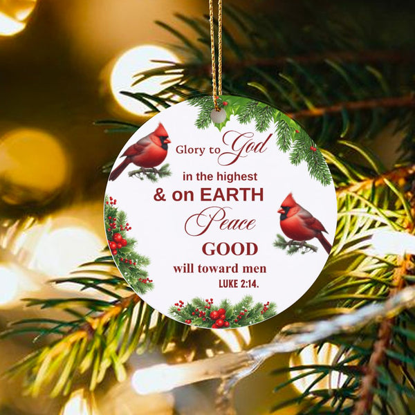 Luke 2:14 Cardinal Bird Ornament, Glory to God Christmas Ornament, Ceramic Bible Verse Keepsake, Christian Holiday Tree Decor