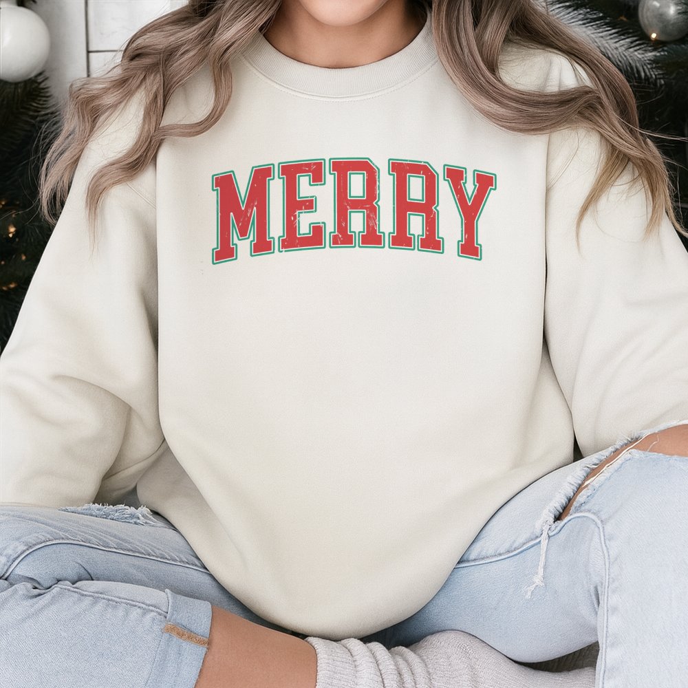 Retro Varsity Lettering Holiday Crewneck, Merry Christmas Sweatshirt, Vintage Christmas Vibes Pullover, Comfy Winter Xmas Swe