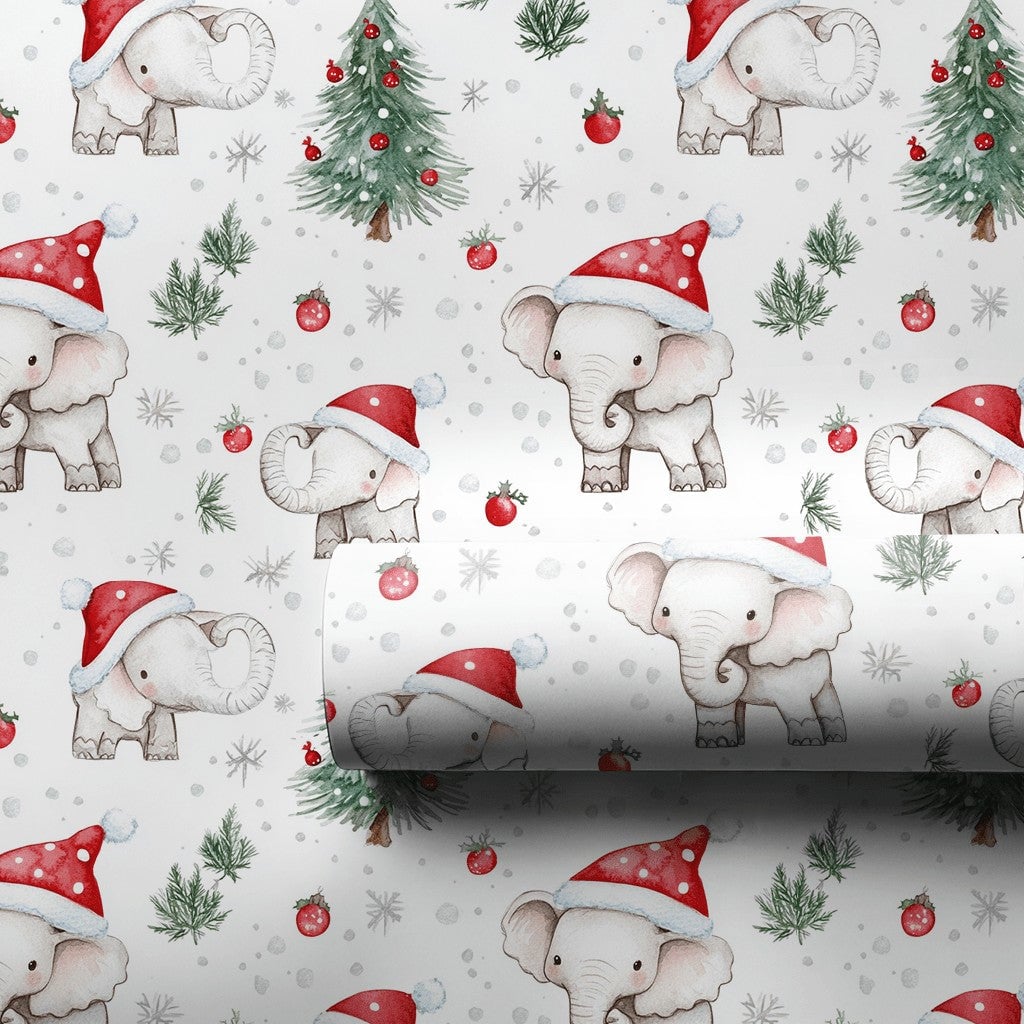 Santa Hat Holiday Gift Wrap, Baby Elephant Christmas Wrapping Paper, Adorable Watercolor Animal Wrapping Paper, Kids Christma