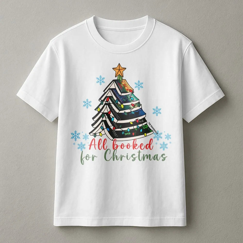 Book Tree Holiday Graphic Tee, All Booked for Christmas T-Shirt, Bookworm Christmas Shirt, Adorable Book Lover Holiday Graphi