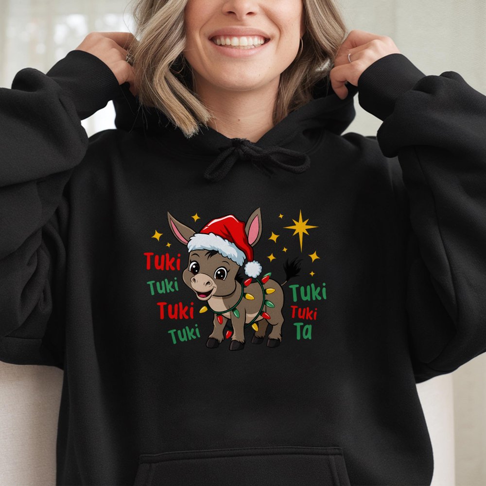 Adorable Santa Hat Burro Hoodie, Christmas Donkey Hoodie, Festive Animal Lover Hoodie, Humorous Holiday Graphic Hooded Sweats