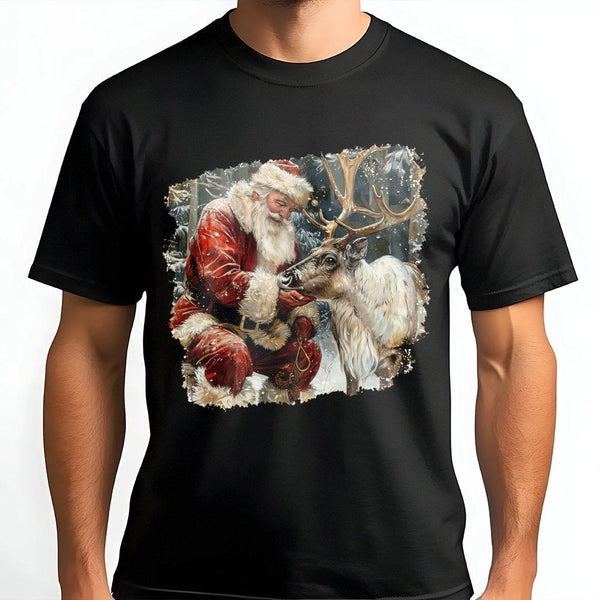 Realistic Winter Christmas Graphic Tee, Santa Claus and Reindeer T-Shirt, Vintage Holiday Season Shirt, Xmas Graphic Top