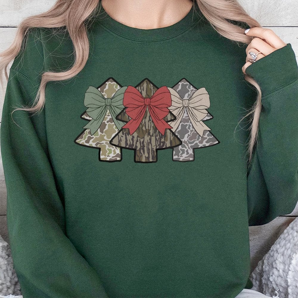 Coquette Bow Holiday Crewneck, Camo Christmas Tree Sweatshirt, Festive Hunting Plaid Pullover, Adorable Preppy Xmas Sweater, 