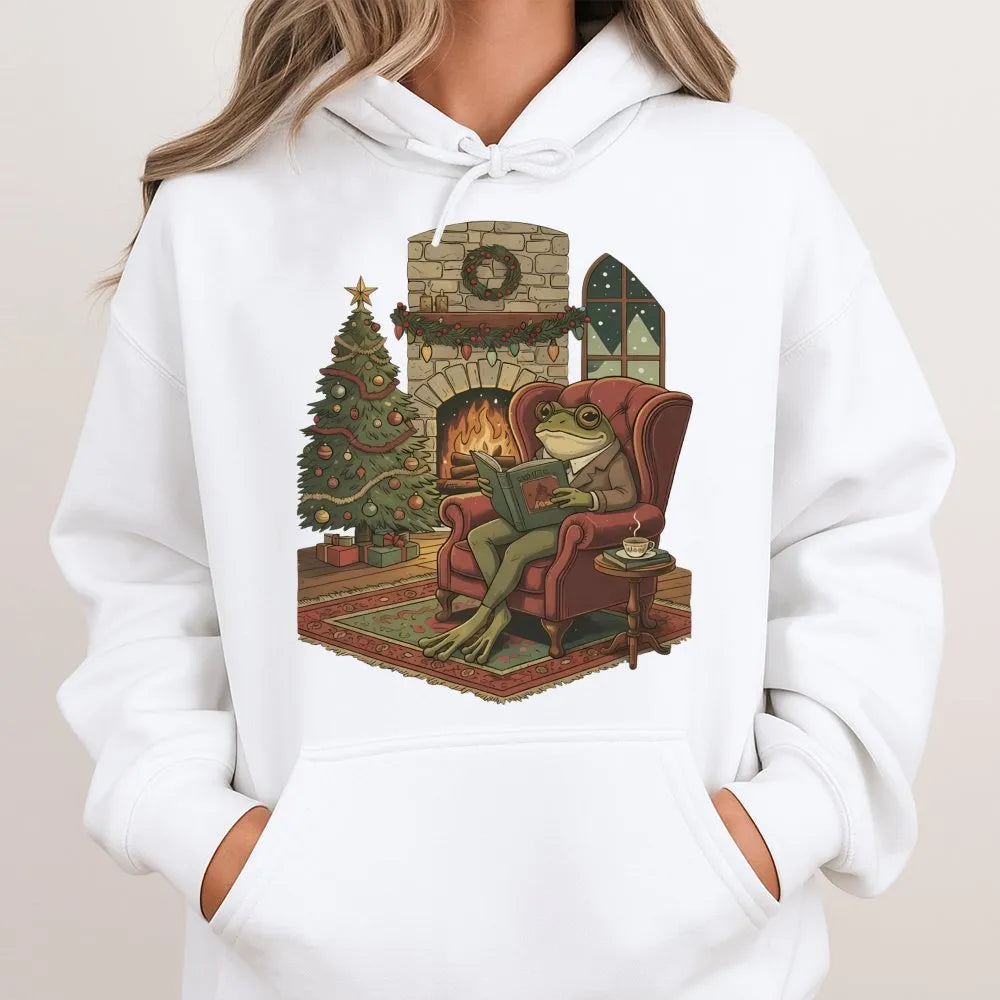 Comfy Christmas Bookish Frog Hoodie, Reading Frog Hoodie, Book Lover Holiday Hoodie, Adorable Cottagecore Reader Pullover Swe