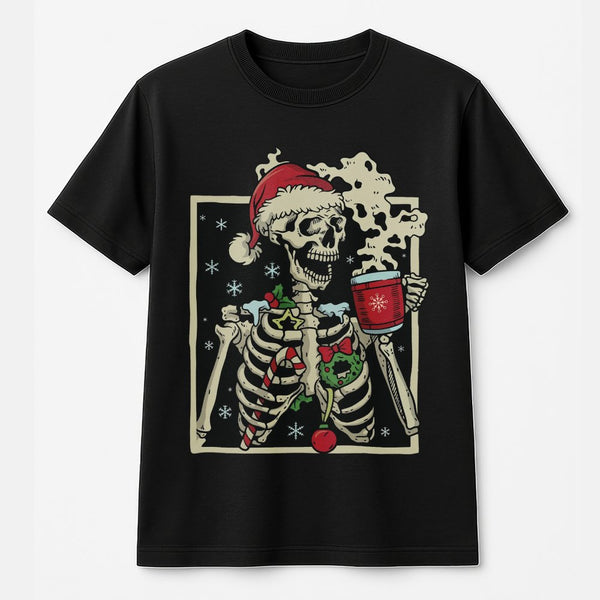 Sarcastic Holiday Skeleton Graphic Tee, Dead Inside Skeleton Christmas T-Shirt, Humorous Coffee Skeleton Shirt, Retro Xmas Ap
