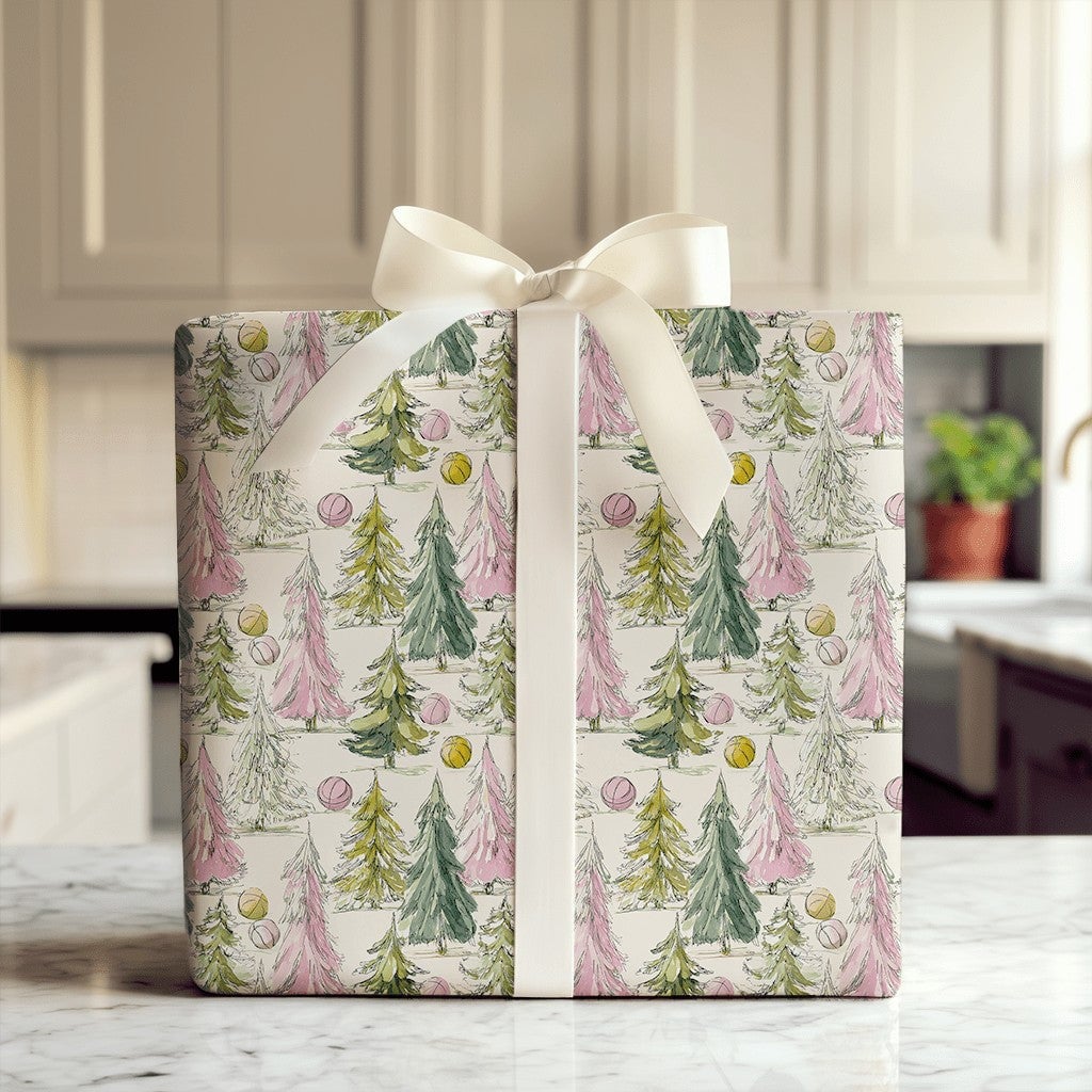 Watercolor Tree Gift Wrap, Pink and Green Christmas Trees Wrapping Paper, Whimsical Holiday Wrapping Paper, Pastel Christmas 
